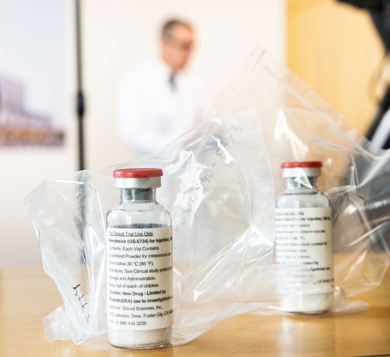 Vials of the drug Remdesivir lie during a press conference about the start of a study with the Ebola drug Remdesivir in particularly severely ill patients at the University Hospital Eppendorf (UKE) in Hamburg, northern Germany on April 8.