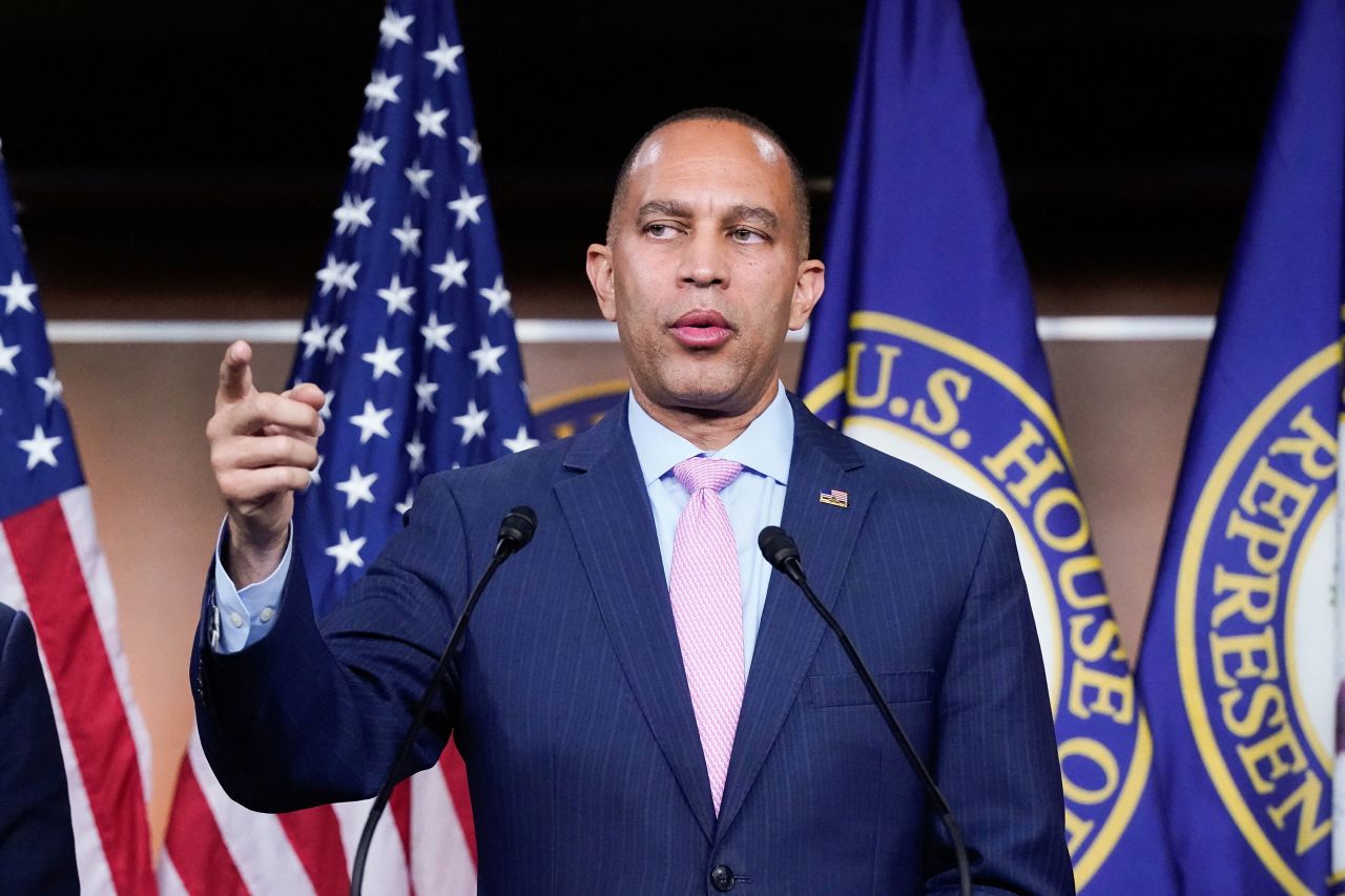 House Minority Leader Hakeem Jeffries speaks to reporters at the Capitol in Washington in September.