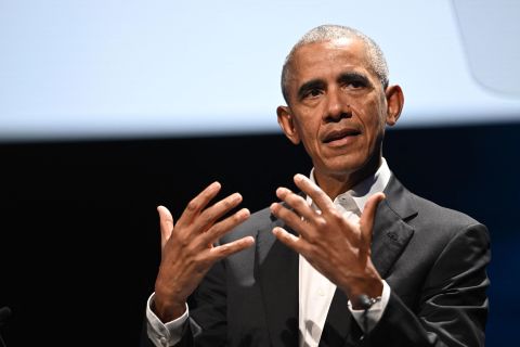 Former President Barack Obama speaks during the Copenhagen Democracy Summit in Copenhagen, Denmark, on Friday.