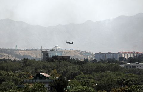 A US Black Hawk military helicopter flies over the city of Kabul, Afghanistan, on August 15.