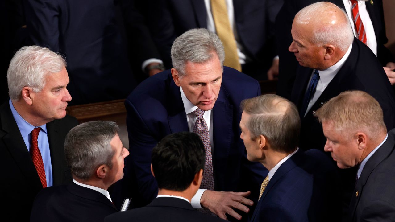 Former Speaker of the House Kevin McCarthy talks with Rep. Jim Jordan and other lawmakers and staff as the House of Representatives meets to elect a new Speaker of the House at the U.S. Capitol Building on October 17, 2023 in Washington, DC. 