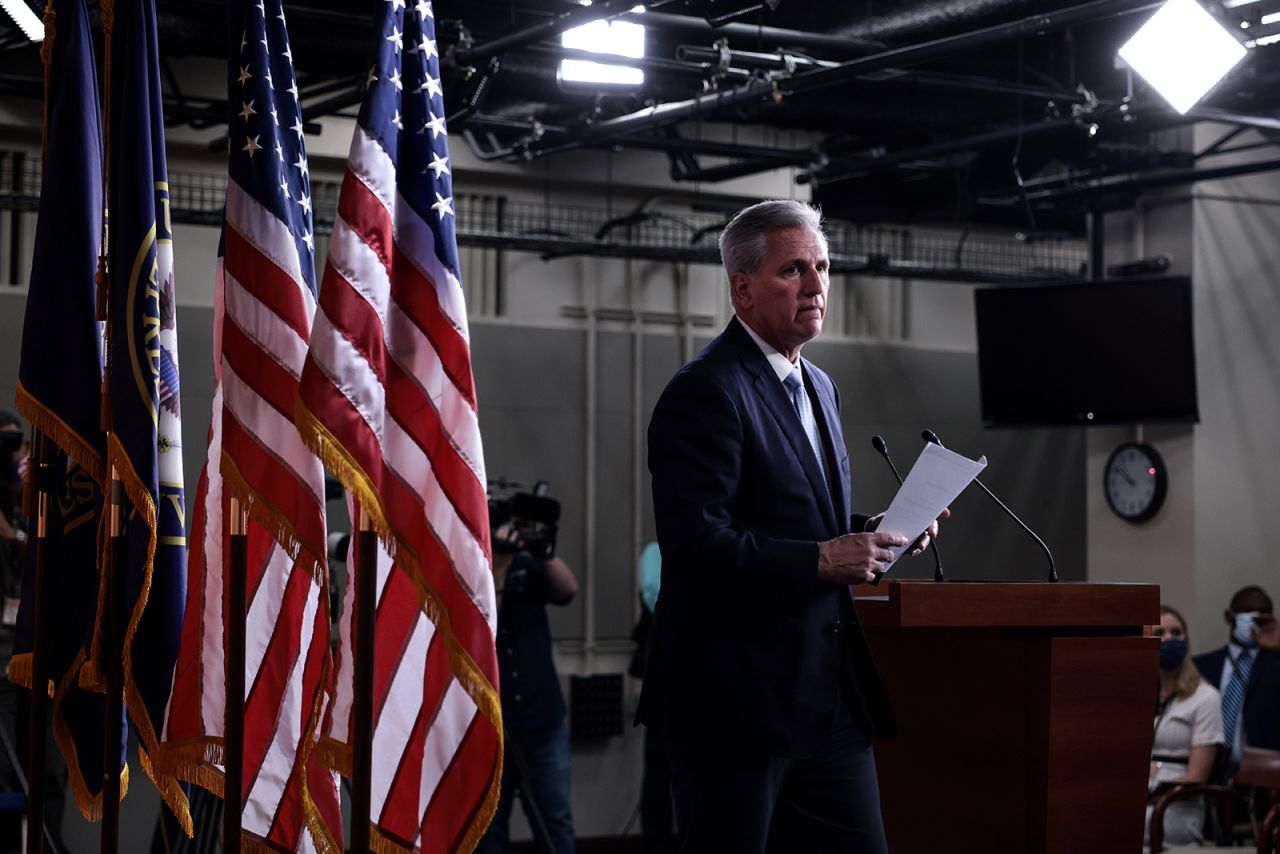 House Minority Leader Kevin McCarthy departs from the podium after speaking at a press conference at the Capitol building on August 27 in Washington.