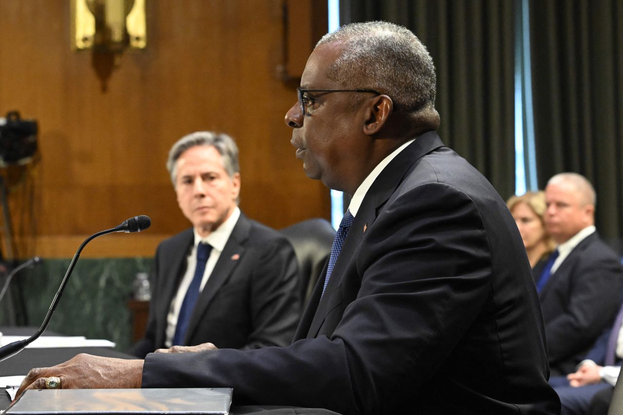 US Secretary of State Antony Blinken looks on as Defense Secretary Lloyd Austin testifies during a Senate Appropriations Committee hearing to examine the national security supplemental request, on Capitol Hill in Washington, DC, on October 31.