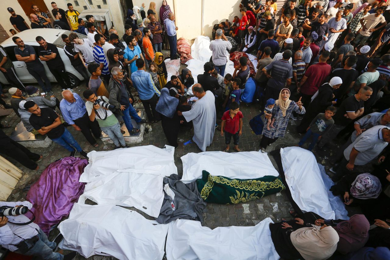 Bodies of Palestinians killed in Israeli attacks are seen outside the Al-Aqsa Martyrs hospital morgue in Deir al-Balah, Gaza, on June 5.