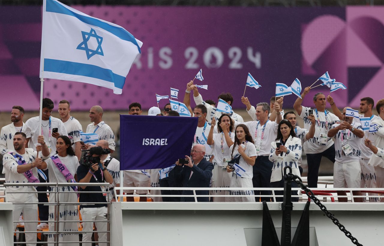 Team Israel is seen traveling down the River Seine during the opening ceremony of the Olympic Games in Paris, France, on July 26. 