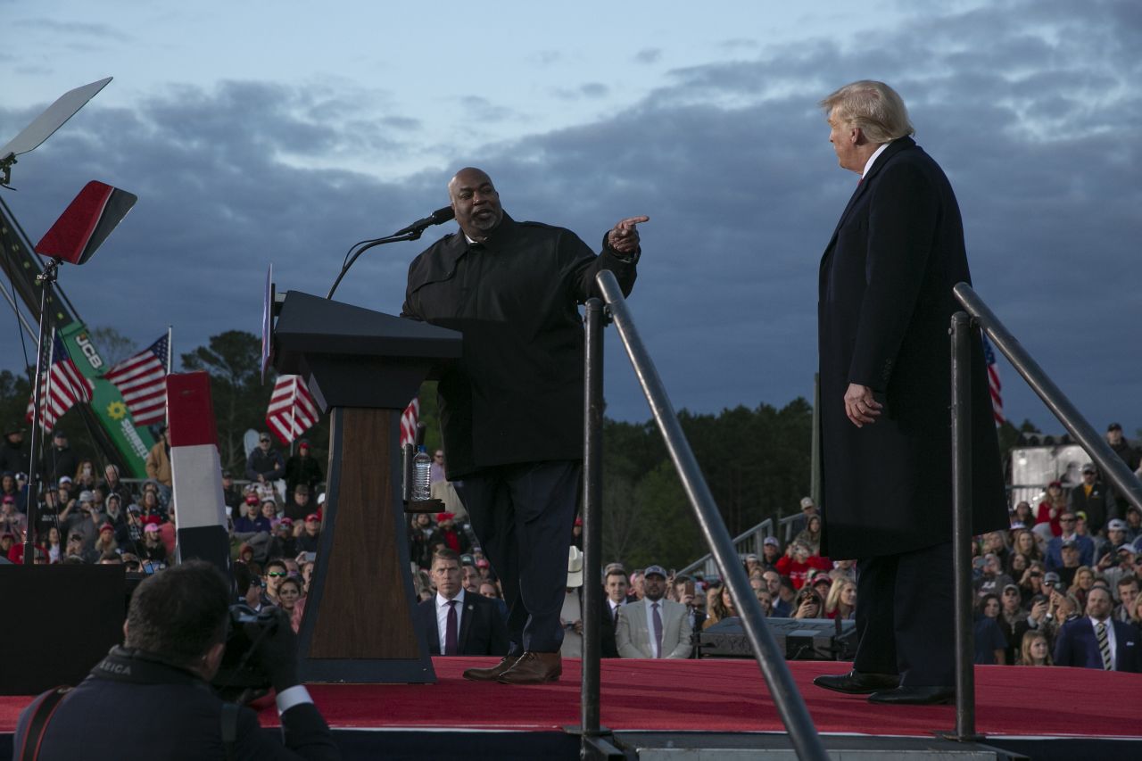 North Carolina Lt. Gov. Mark Robinson joins former President Donald Trump onstage during a rally in Selma, North Carolina, on April 9, 2022.