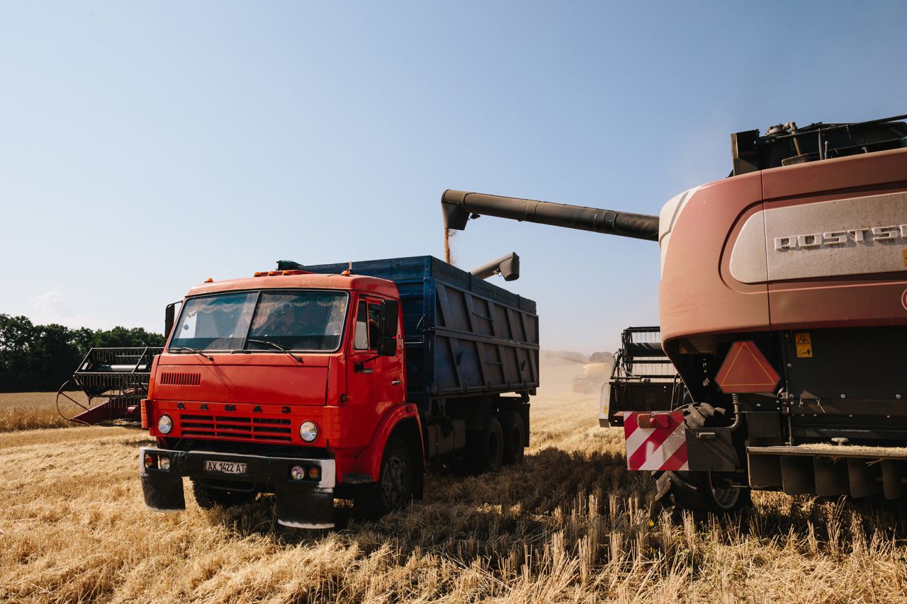 Harvesters in the fields of the Novovodolazhsky district of the Kharkiv region, Ukraine, on July 25, 2017