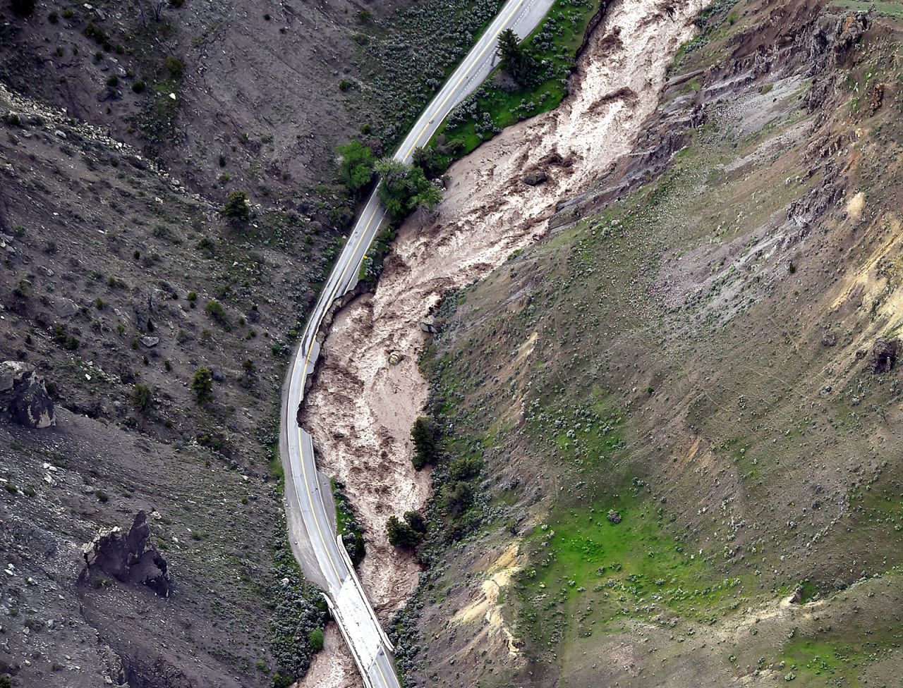 Part of a highway is washed away near Gardiner, Montana, on June 13.