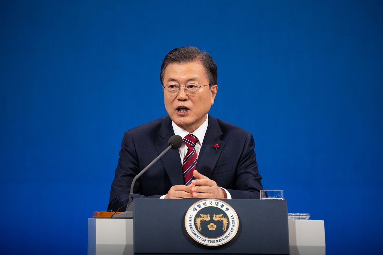 President Moon Jae-in speaks during a news conference at the Presidential Blue House in Seoul, South Korea, on January 18.