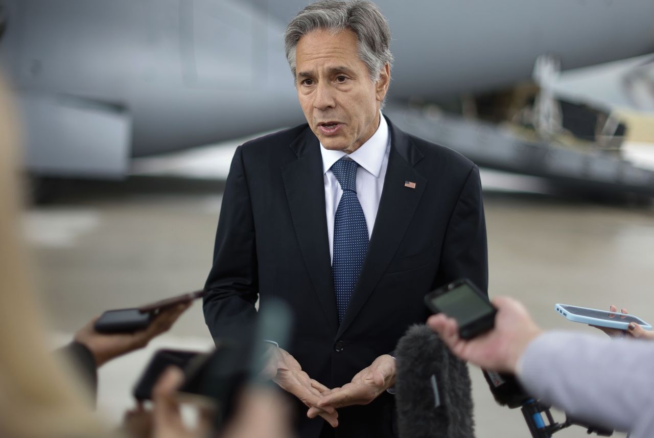 U.S. Secretary of State Antony Blinken speaks with journalists at Rzeszow-Jasionka Airport in Jasionka, Poland, on September 9.