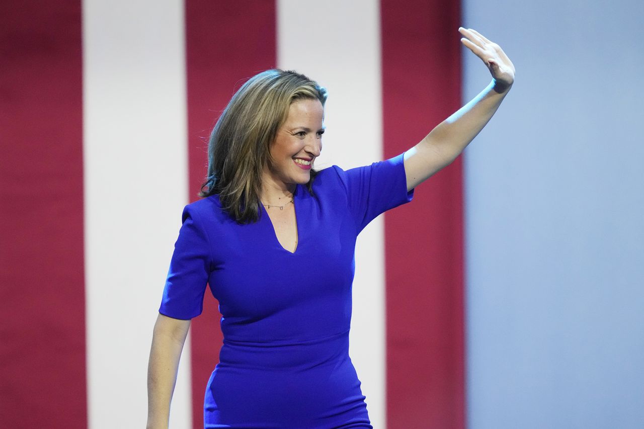 Michigan Secretary of State Jocelyn Benson waves to supporters during an Election Night party in Detroit on Tuesday, November 8. 