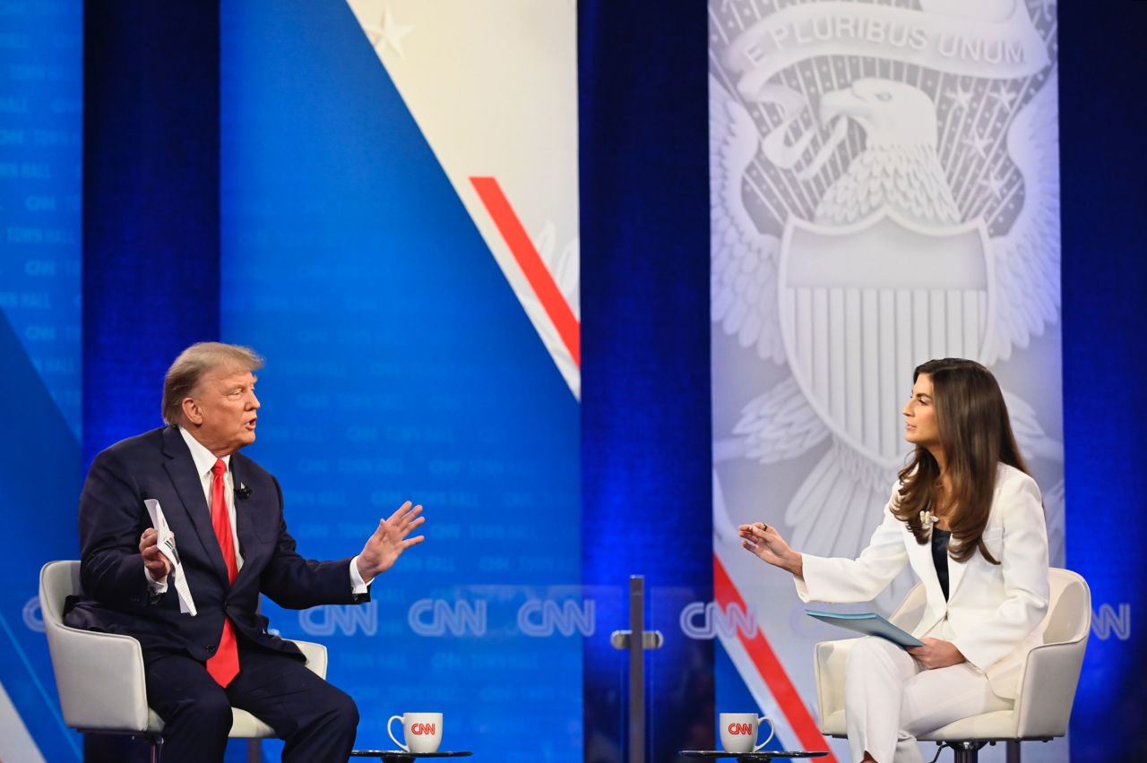 Former President Donald Trump participates in a CNN Republican Presidential Town Hall moderated by CNN’s Kaitlan Collins at St. Anselm College in Manchester, New Hampshire, on Wednesday, May 10.