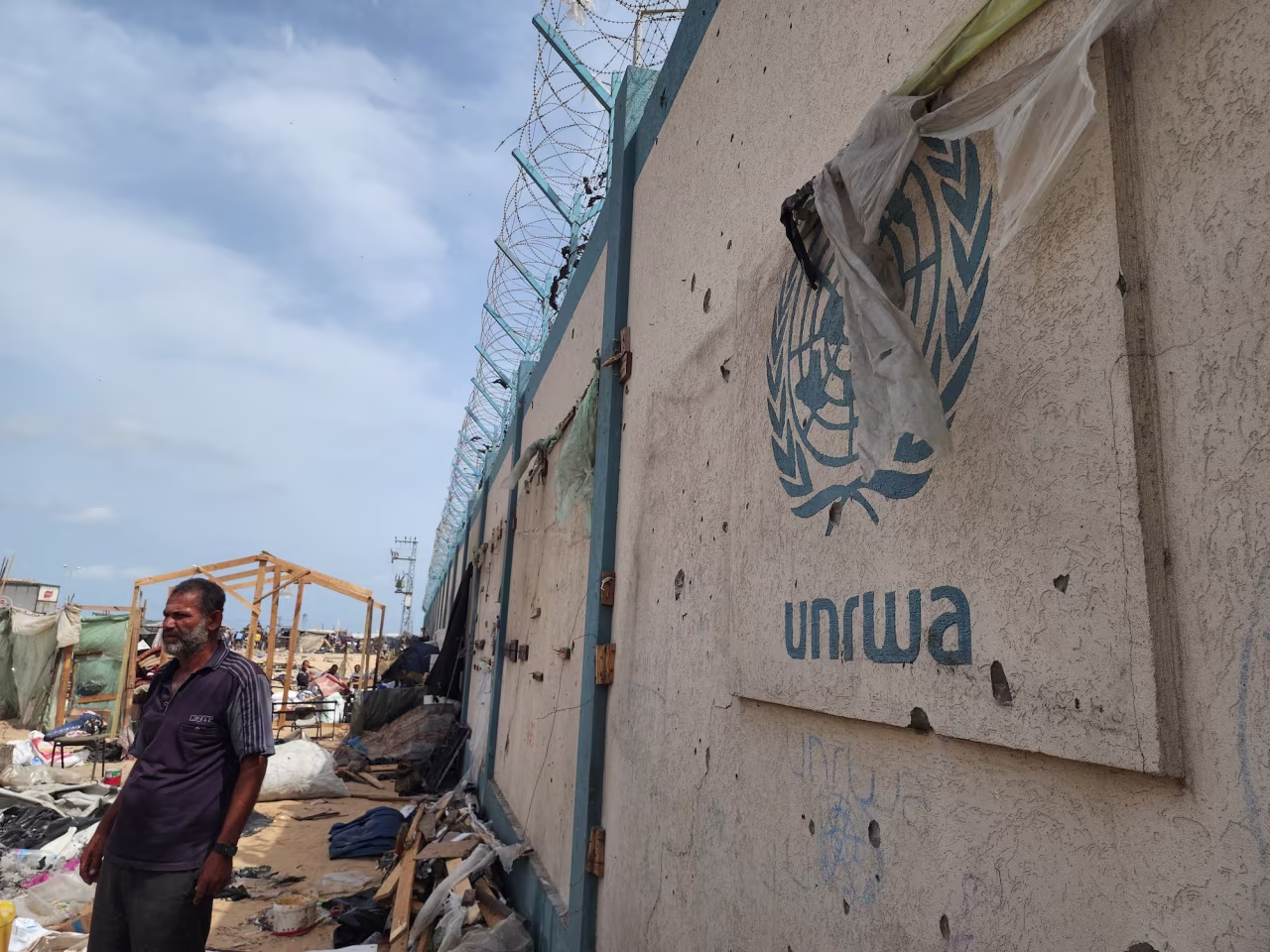 Destroyed makeshift tents are seen after Israeli airstrikes near UNRWA warehouses in Rafah on Tuesday.