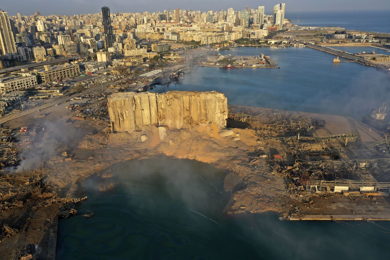 An August 5 drone picture shows the aftermath of an explosion at the seaport of Beirut.