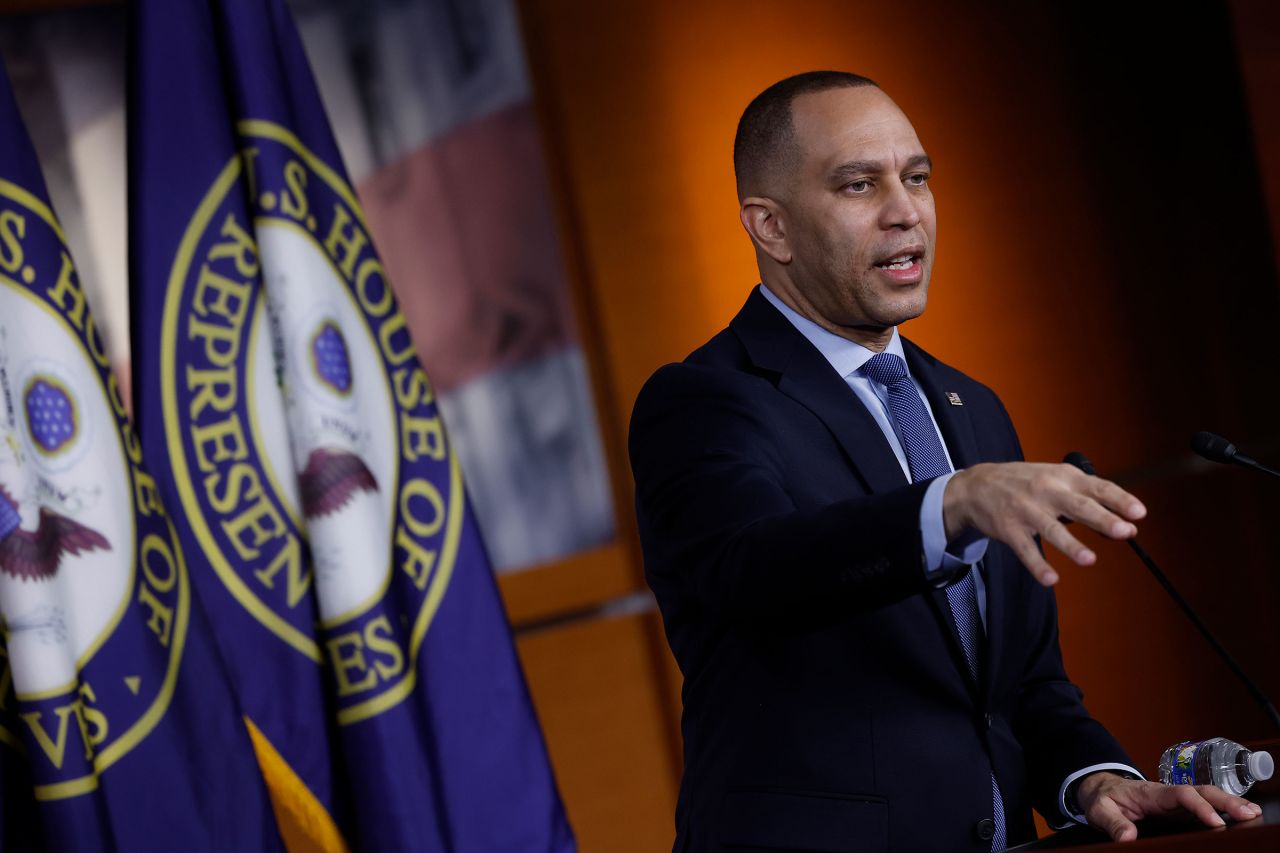 House Minority Leader Hakeem Jeffries talks to reporters during a news conference at the US Capitol on Wednesday in Washington, DC. 