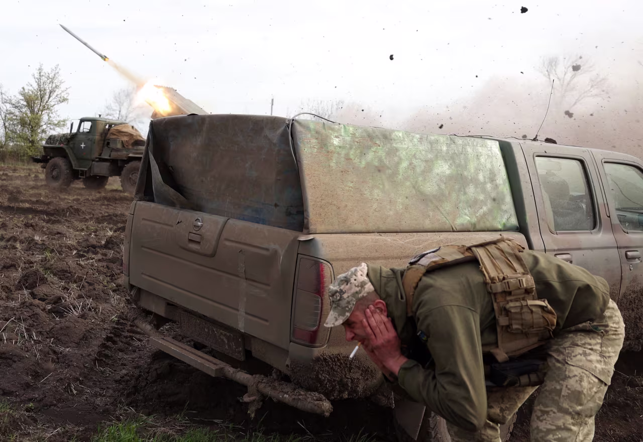 Ukrainian artillerymen fire a rocket launcher towards Russian positions on the front line near Bakhmut, Ukraine, on April 18.