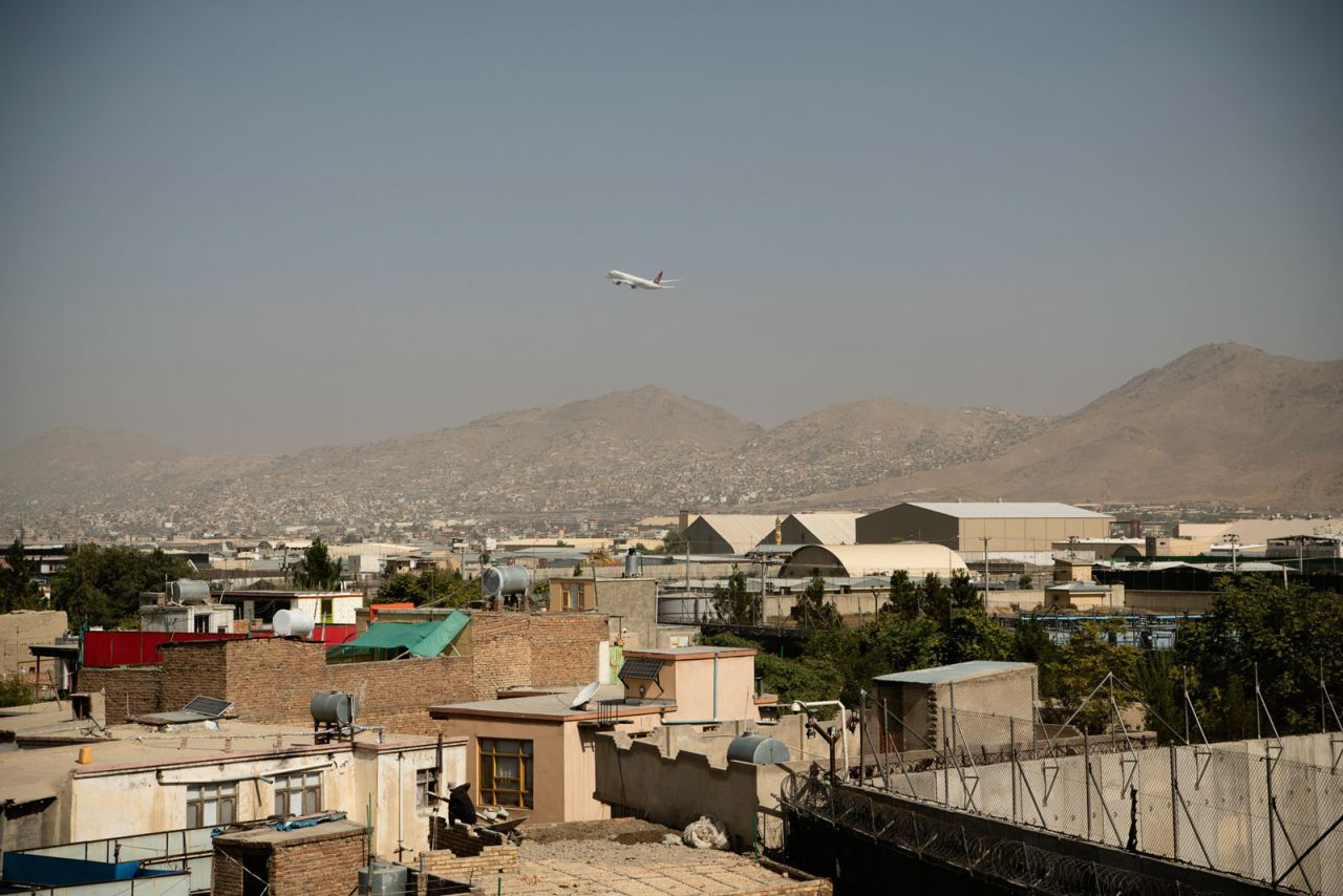 A plane leaves the Hamid Karzai International Airport in Kabul on August 15.