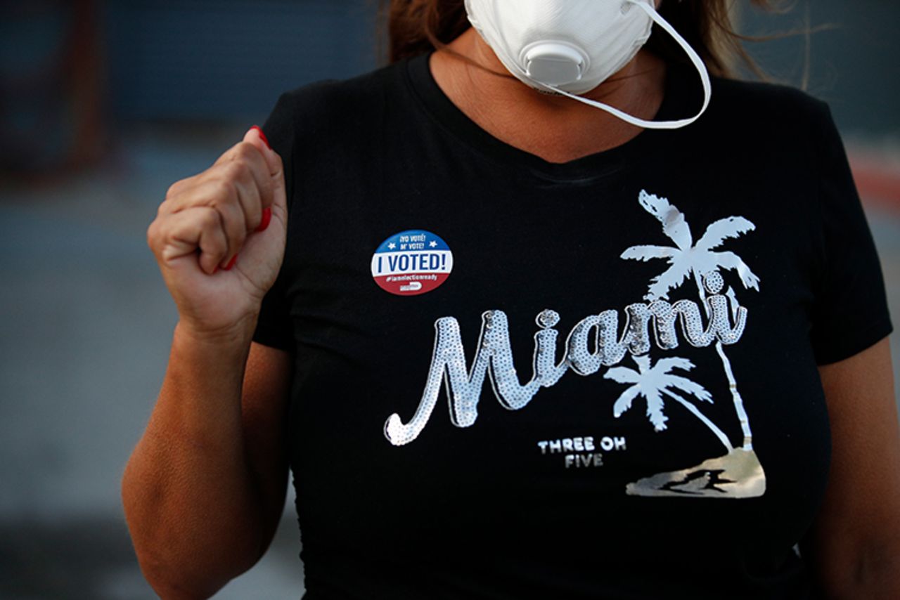 A voter wears an "I voted" sticker on her Miami tee-shirt as she leaves a polling place at Indian Creek Fire Station #4 in Miami Beach, Fla., on Election Day, Tuesday, Nov. 3, 2020.