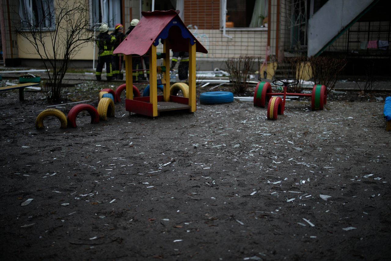 Shards of window glass are seen in the kindergarten at the scene where a helicopter crashed on civil infrastructure in Brovary, on the outskirts of Kyiv, Ukraine, on January 18.