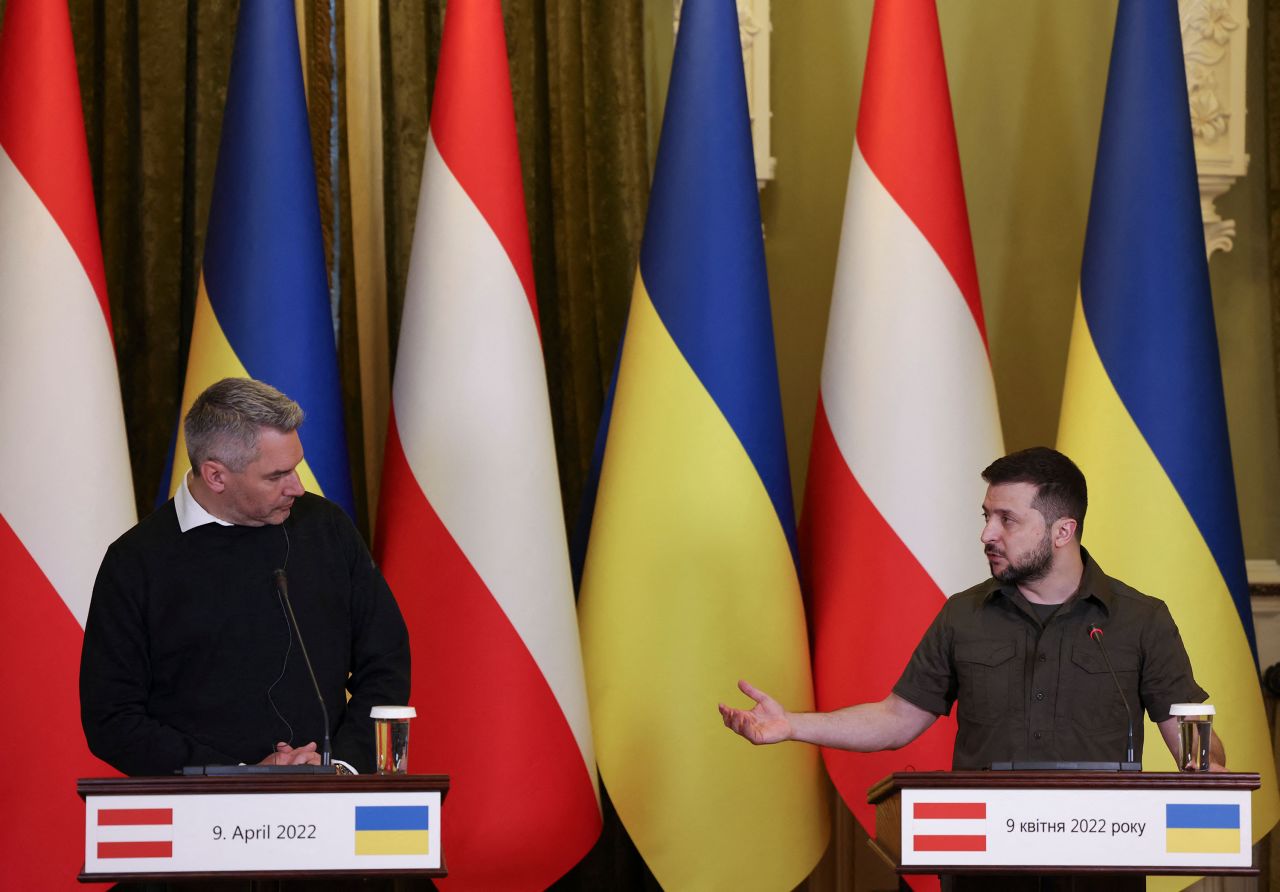 Austria's Chancellor Karl Nehammer and Ukrainian President Volodymyr Zelensky speak during a press conference in Kyiv, Ukraine on April 9. 