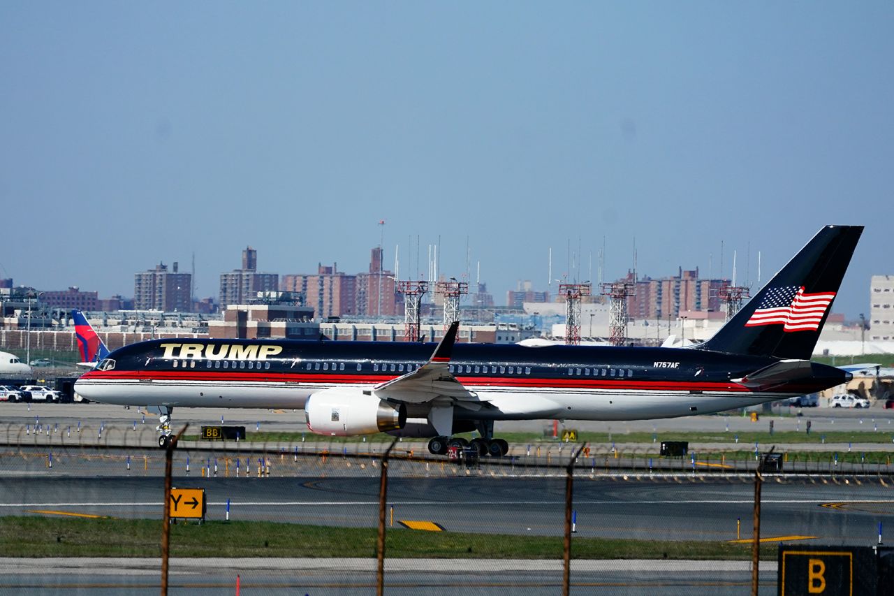 Former President Donald Trump's plane taxis on the runway at LaGuardia Airport, Monday, April 3, in New York.