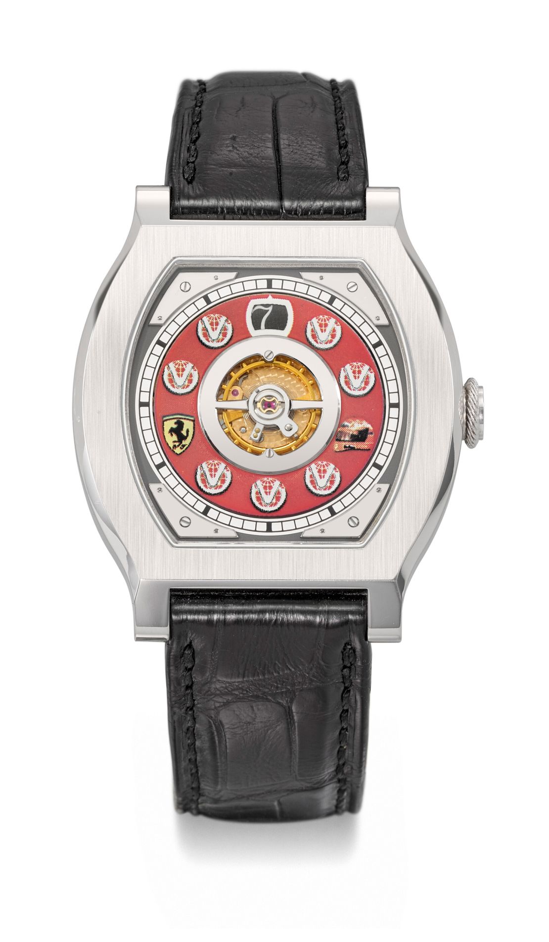 Schumacher's platinum F.P. Journe Vagabondage 1 features a striking red dial and features that celebrate his seven F1 Driver's World Championships.