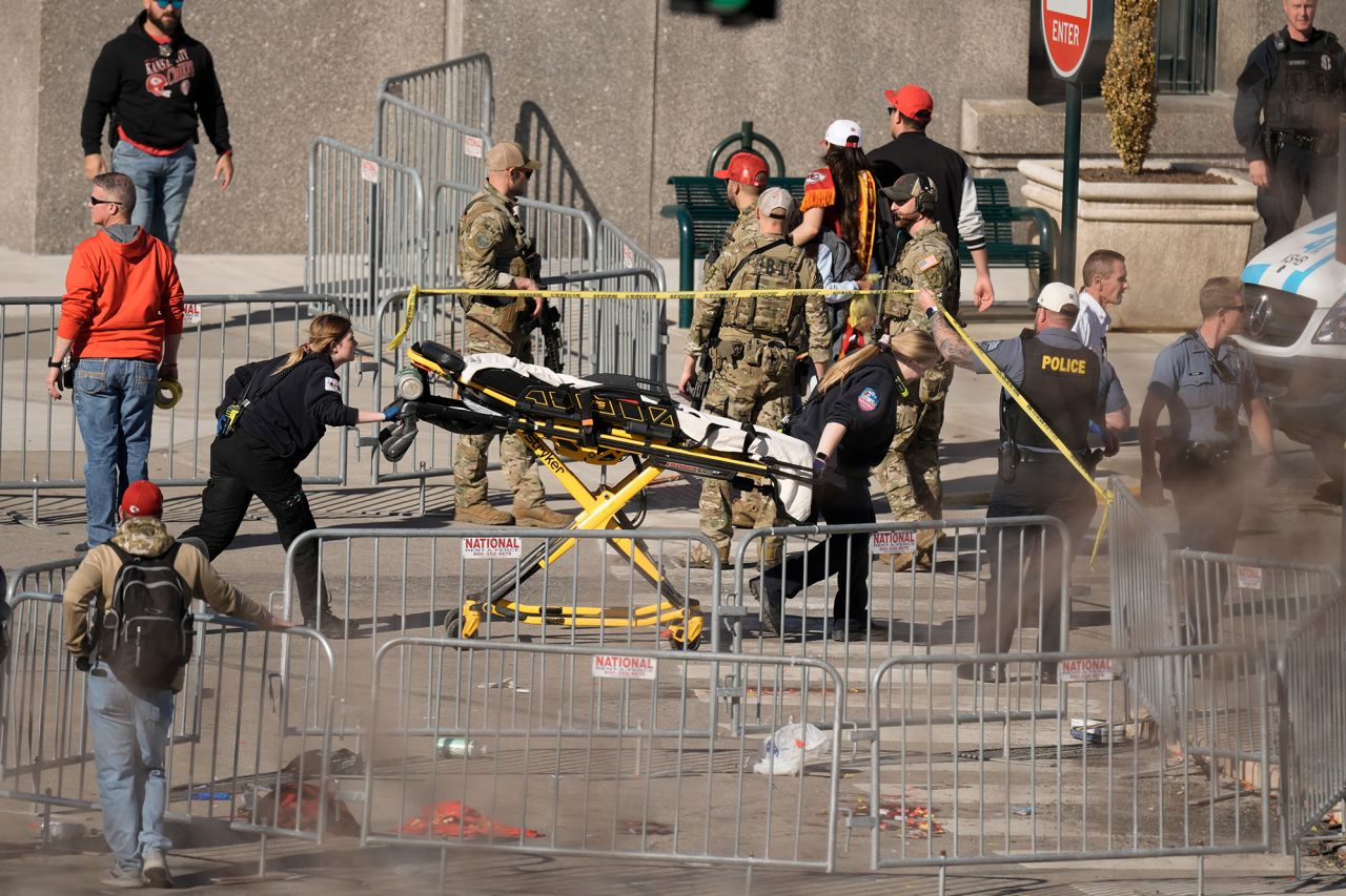 Emergency personnel arrive at the scene after the shooting in Kansas City, Missouri, Wednesday, February 14. 