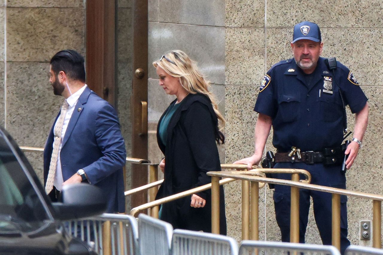Adult film actress Stormy Daniels leaves Manhattan Criminal Court in New York after testifying on Thursday.