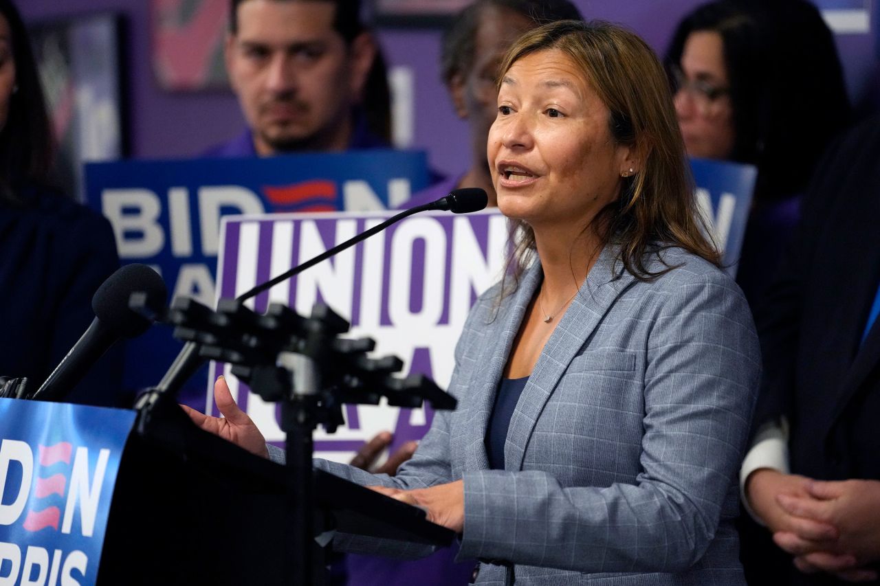 In this November 2023 photo, Julie Chavez Rodriguez speaks during a Biden-Harris 2024 campaign news conference in Miami.