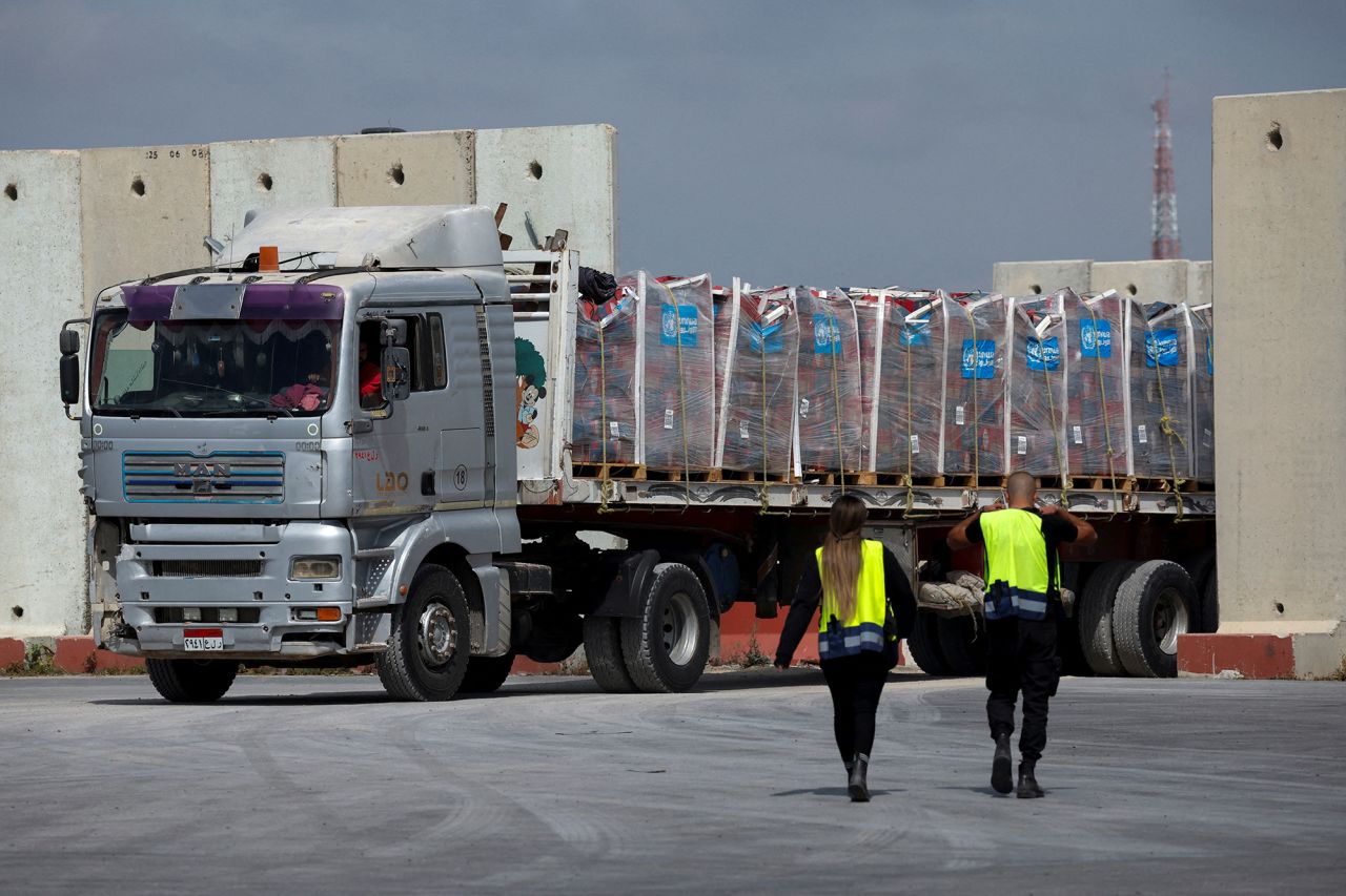 A truck carrying humanitarian aid bound for the Gaza Strip arrives at the inspection area of the Kerem Shalom crossing in southern Israel, on March 14.