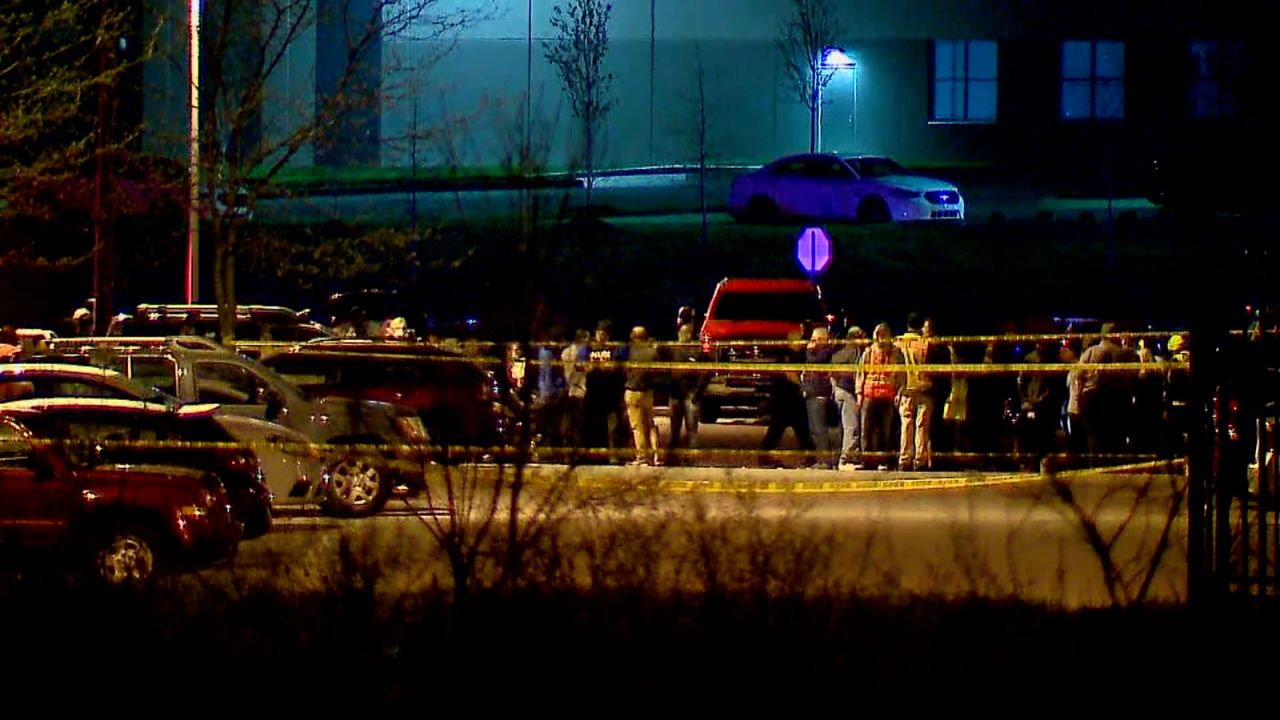 The scene outside a FedEx facility after a shooting in Indianapolis, Indiana on April 16.