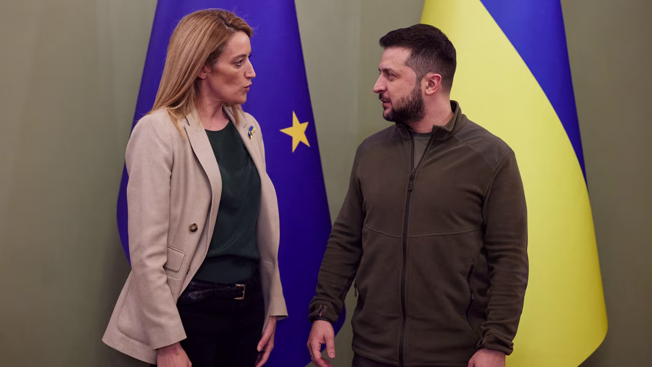 Ukraine's President Volodymyr Zelensky and European Parliament President Roberta Metsola are seen prior to their meeting in Kyiv, Ukraine on April 1.