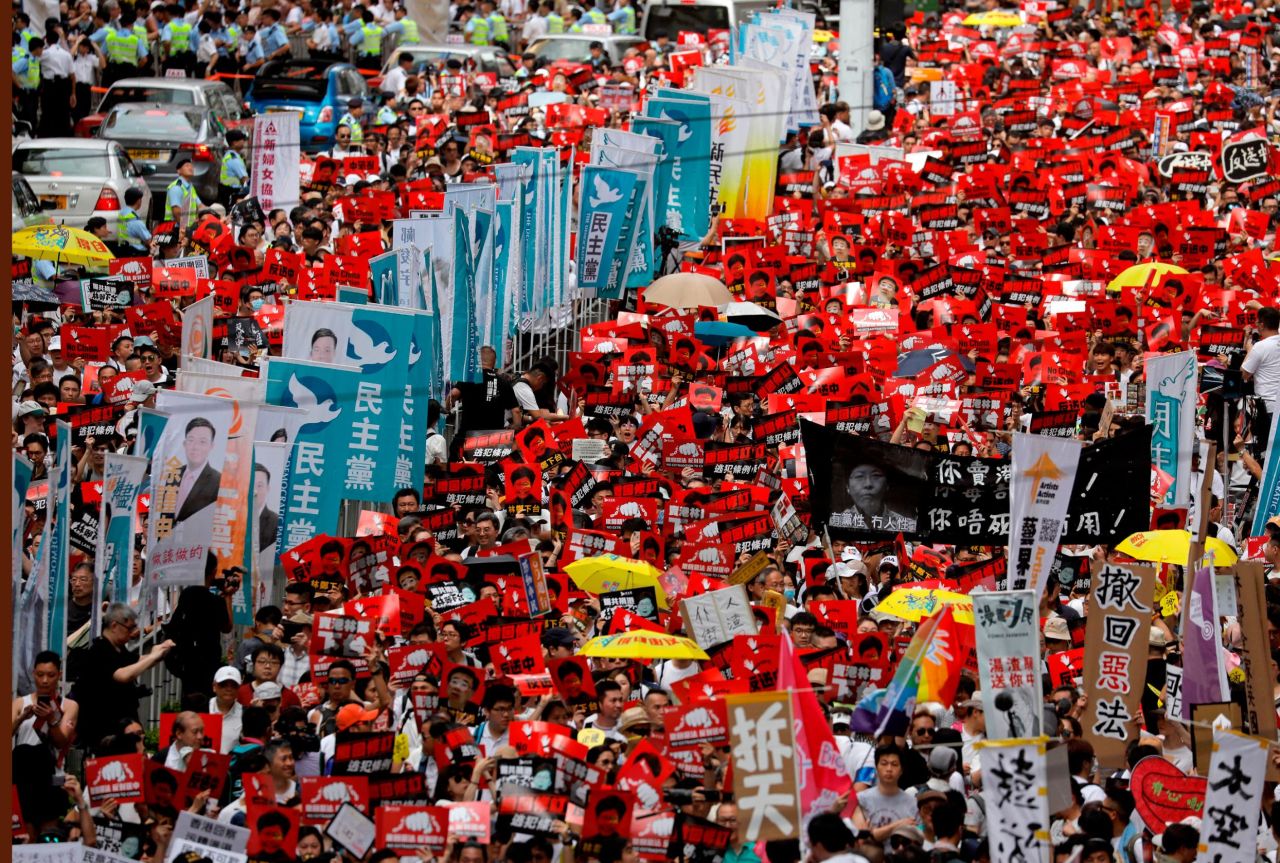 ?A sea of protesters is marching through central Hong Kong.