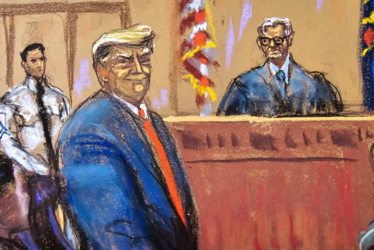 In this court sketch, former President Trump smirks at prospective jurors as he is introduced as the defendant.