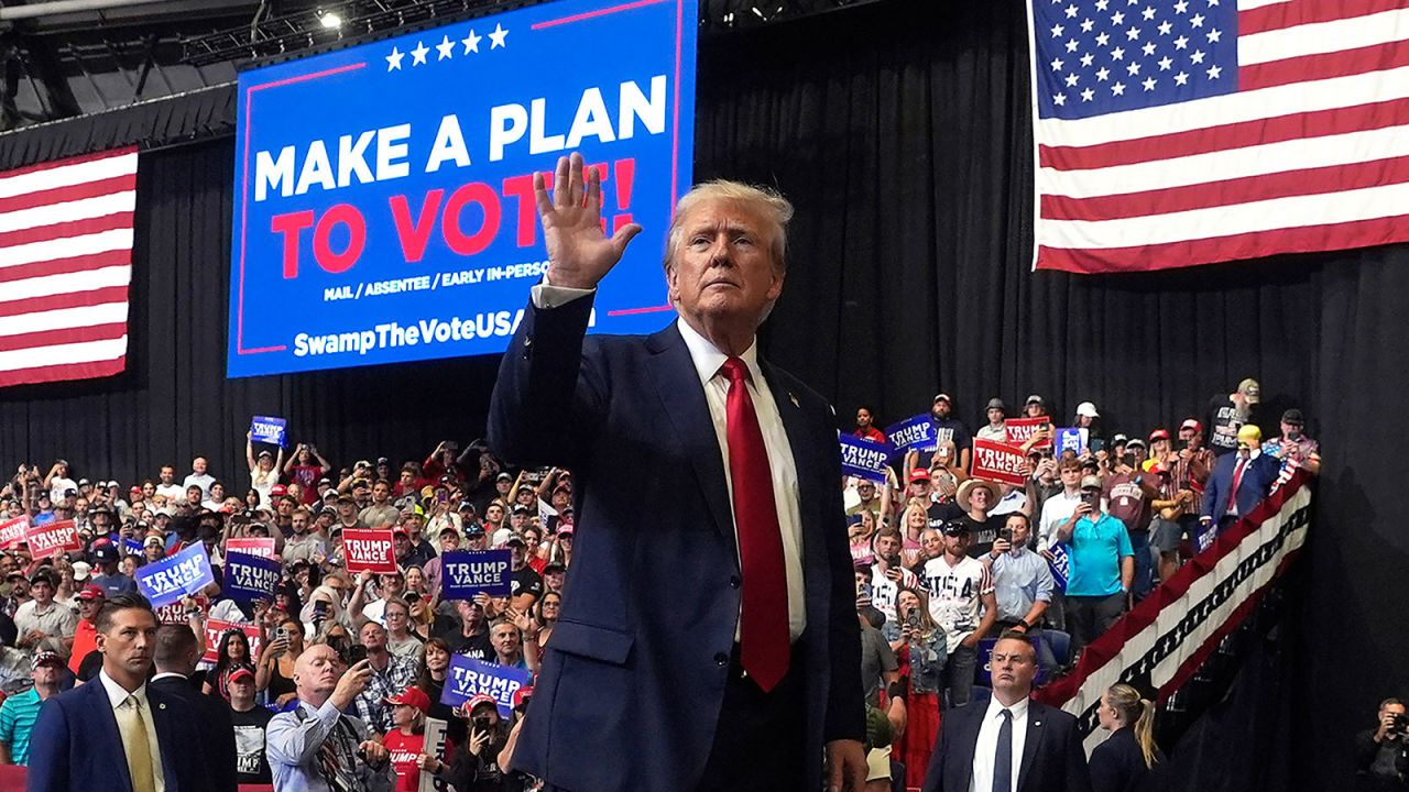 Republican presidential nominee former President Donald Trump gestures after speaking at a campaign rally in Bozeman, Mont., Friday, August 9. 