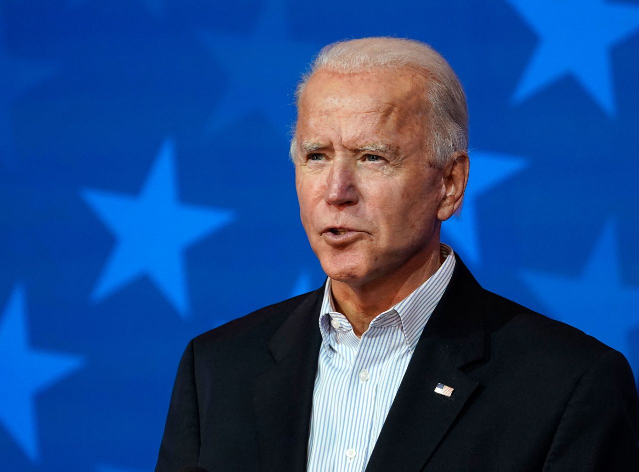 Democratic presidential nominee Joe Biden speaks in Wilmington, Delaware, on November 5.