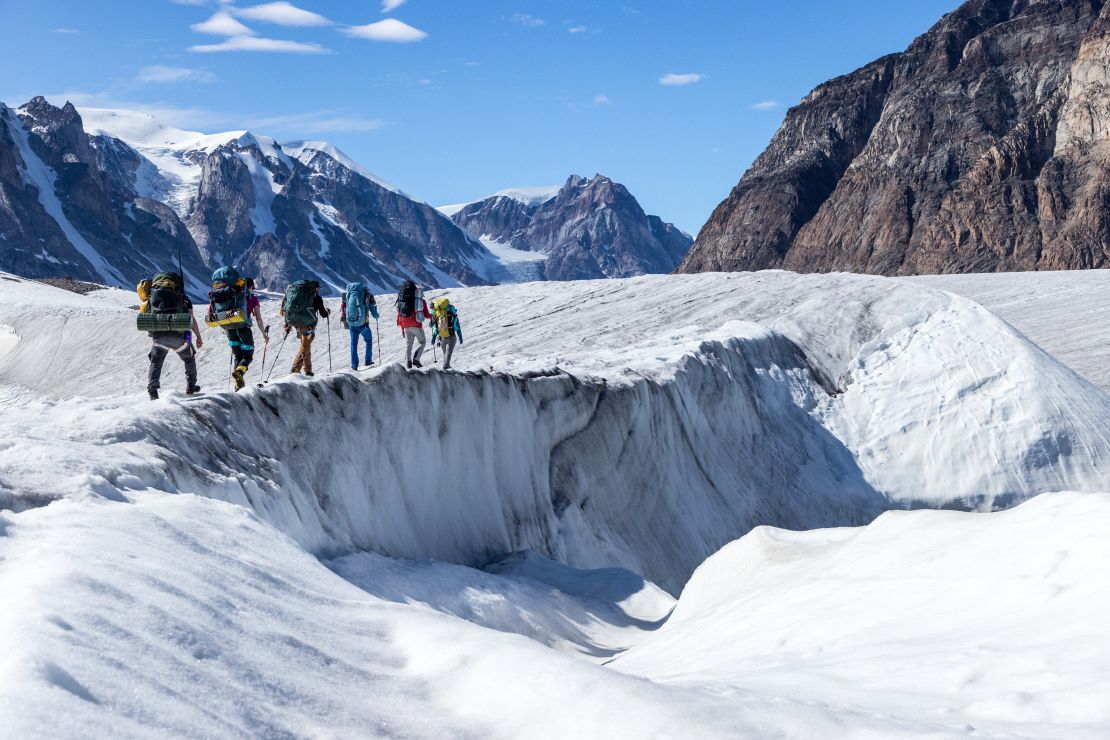 The team walk up Edward Bailey Glacier.