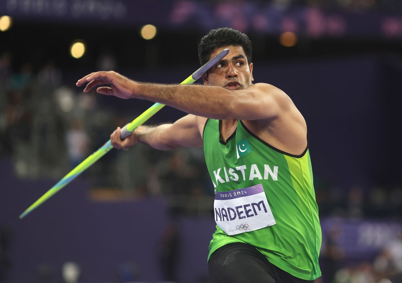 Arshad Nadeem of Pakistan competes during the men's javelin throw final on August 8. 