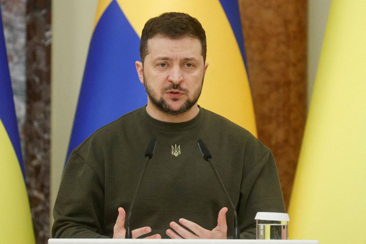 Zelensky attends a news briefing in Kyiv on February 15.