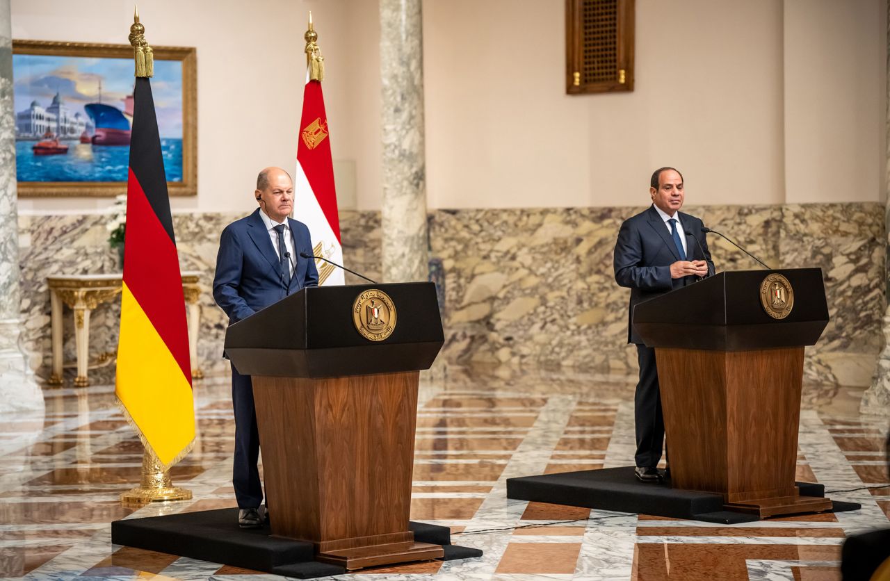 German Chancellor Olaf Scholz, left, and Egyptian President Abdel Fattah al-Sisi give a joint press statement during the former's visit to Cairo, Egypt, on October 18.