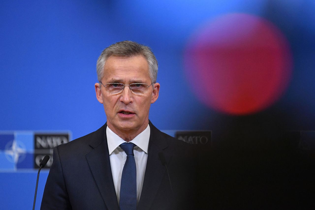 NATO Secretary General Jens Stoltenberg speaks at a press briefing at NATO headquarters in Brussels on February 22.