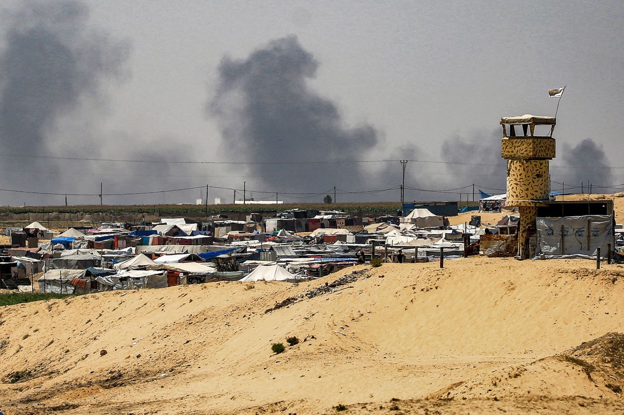 Smoke billows near tents sheltering displaced Palestinians in Rafah, Gaza, on June 4.