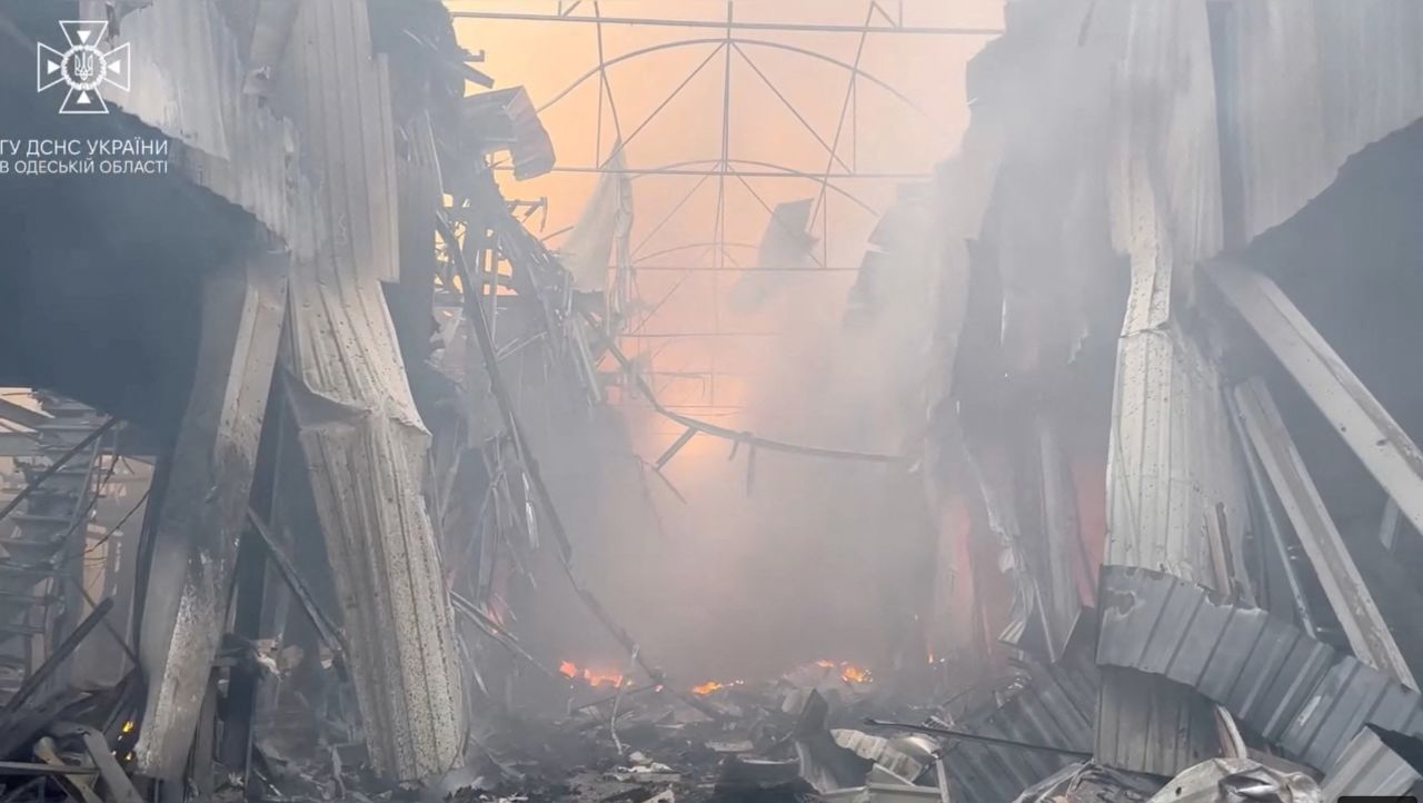 Smoke billows at a storage facilities site hit during Russian missile and drone strikes in?Odesa, Ukraine, on July 19. 