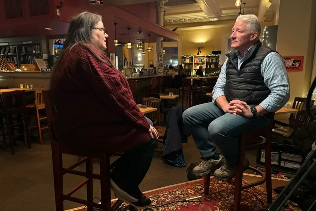 John King talks to New Hampshire voter Debbie Katsanos in Portsmouth, New Hampshire, in January.