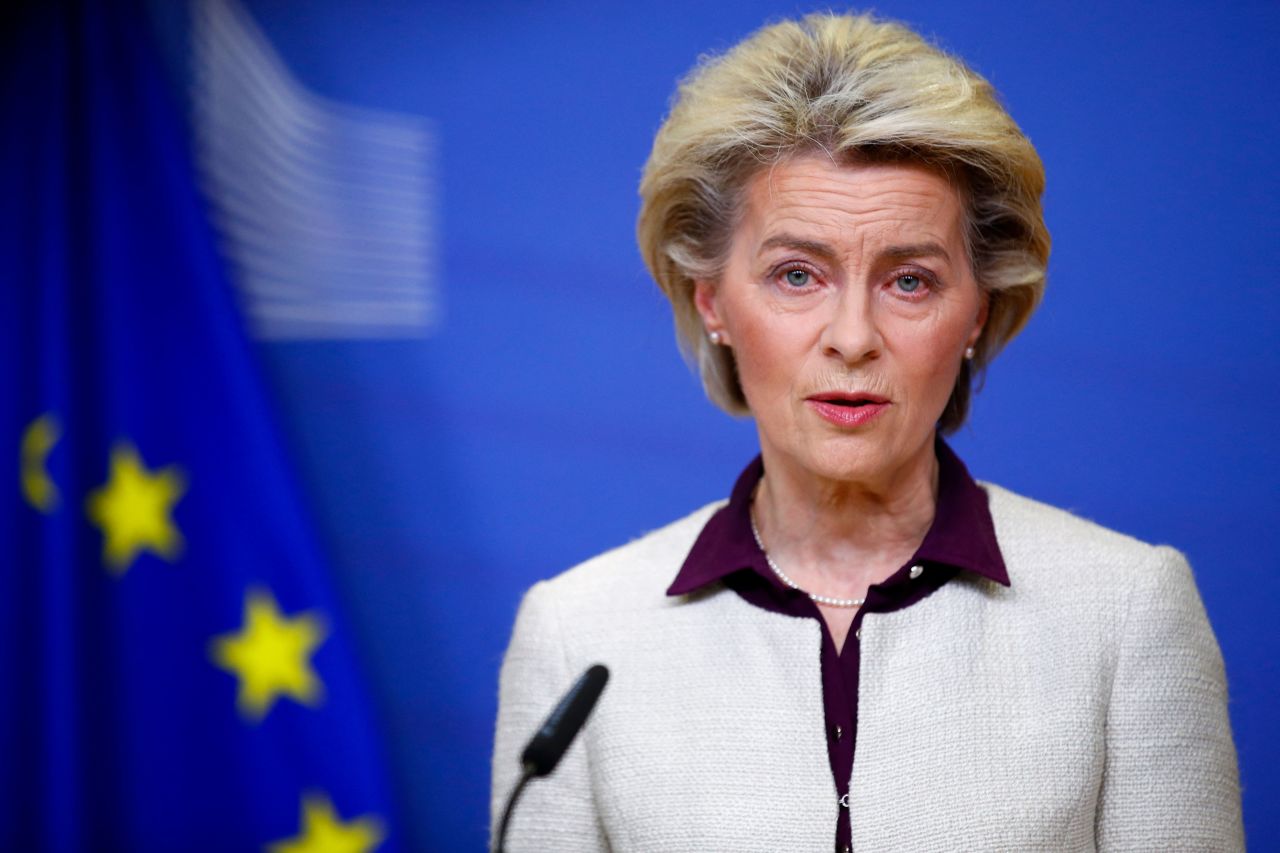 European Commission President Ursula von der Leyen delivers a media statement on the coronavirus disease (COVID-19) pandemic at the European Commission headquarters in Brussels, on November 26, 2021.