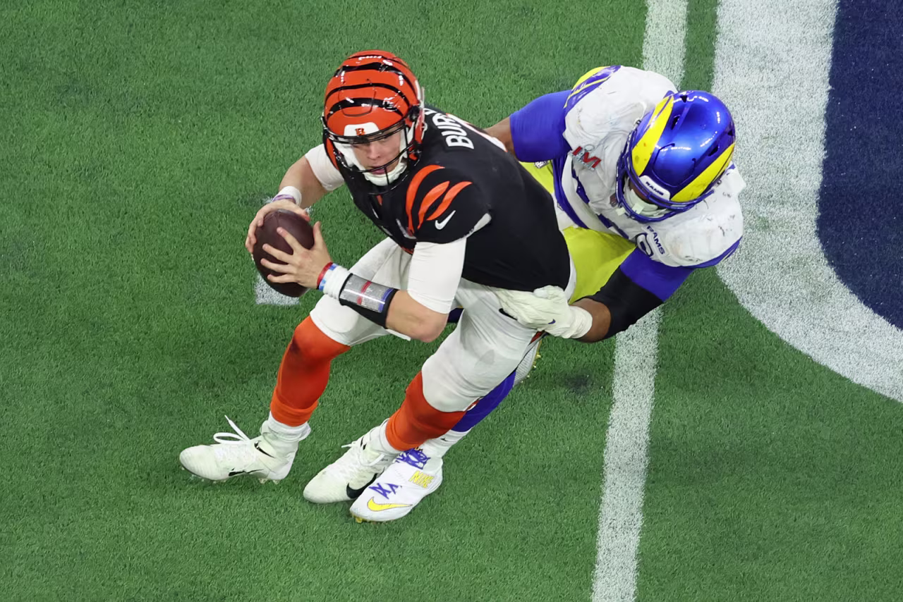 Los Angeles Rams defensive tackle Aaron Donald pressures Cincinnati Bengals quarterback Joe Burrow.
