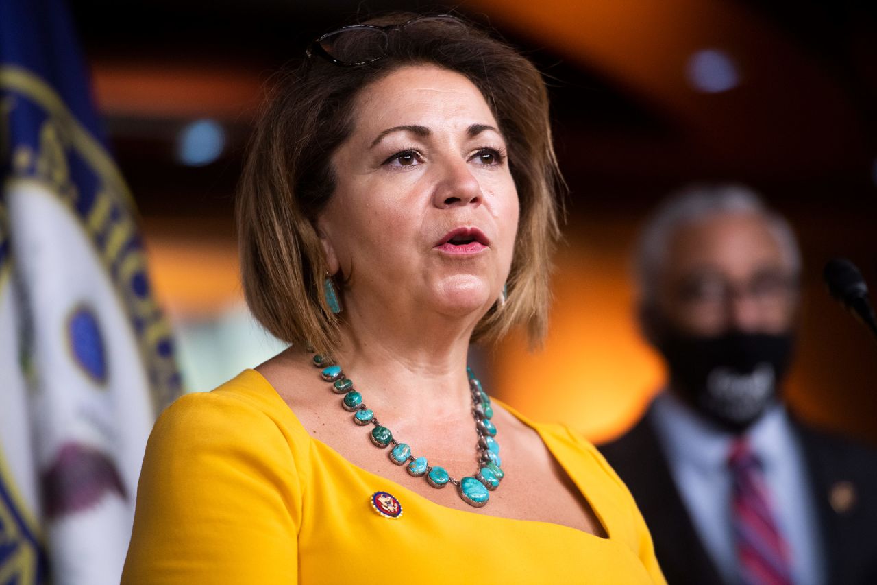 Rep. Linda Sánchez speaks during a news conference on July 29, 2020. 