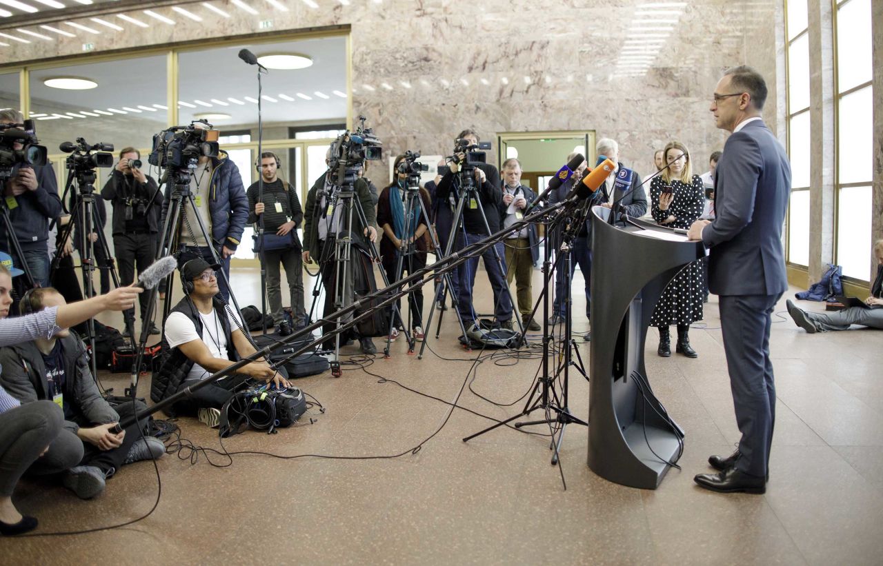 German Foreign Minister Heiko Maas gives a press statement about the coronavirus on Tuesday, in Berlin.