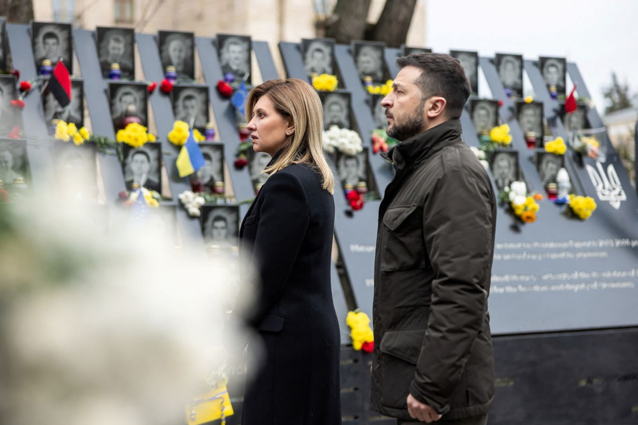 Ukraine's President Volodymyr Zelensky and his wife Olena attend a commemoration ceremony at a monument "Heavenly Hundred", the people killed during the Ukrainian pro-European Union (EU) mass demonstrations in 2014, in Kyiv,?Ukraine, on February 20.