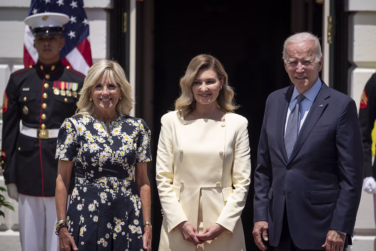 US first lady Jill Biden, first lady of Ukraine Olena Zelenska and US President Joe Biden pose for photos at the White House on Tuesday.
